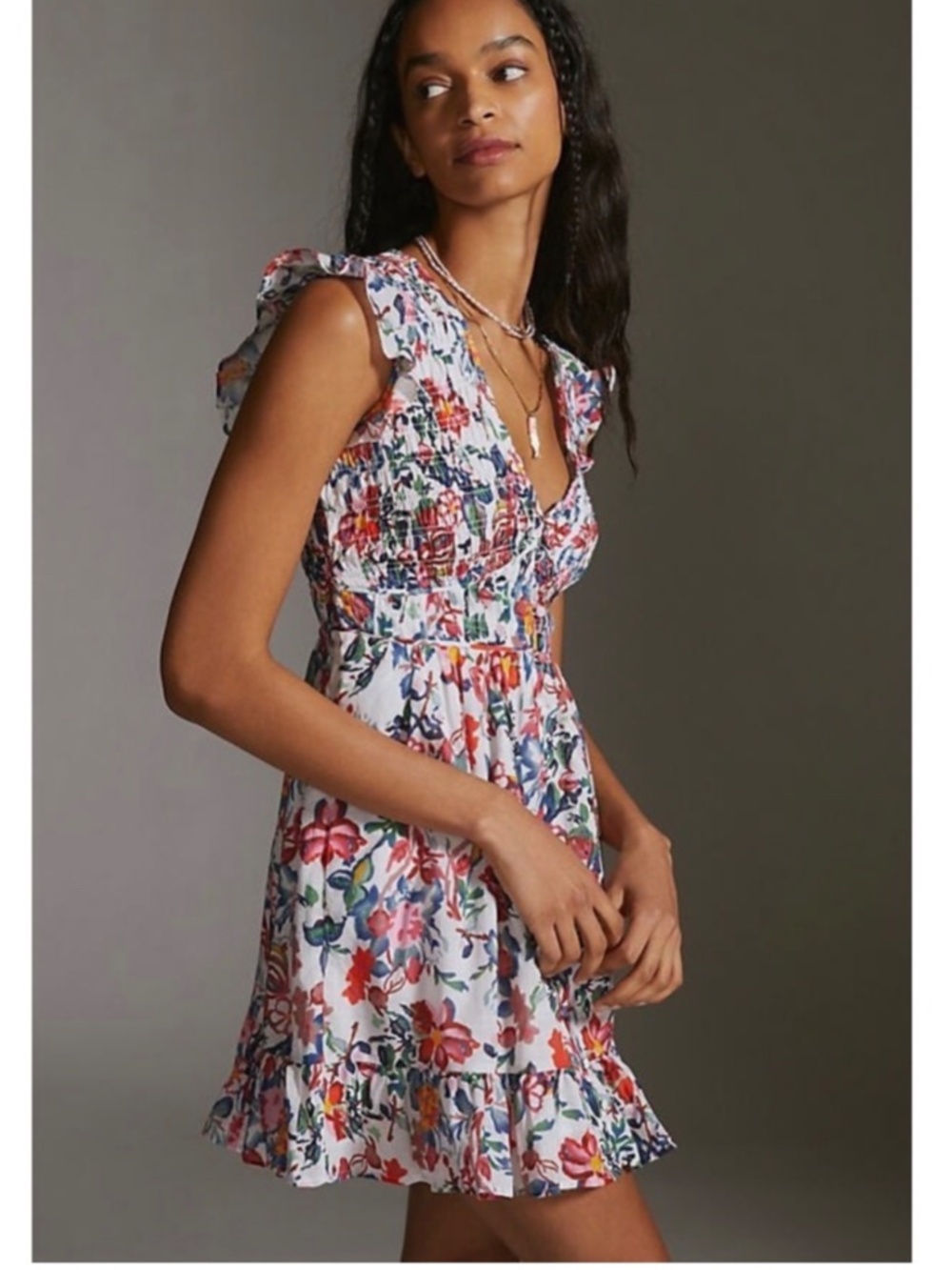 By Anthropologie Floral Smocked Mini Dress | Size M Ruffle cotton Multicolor